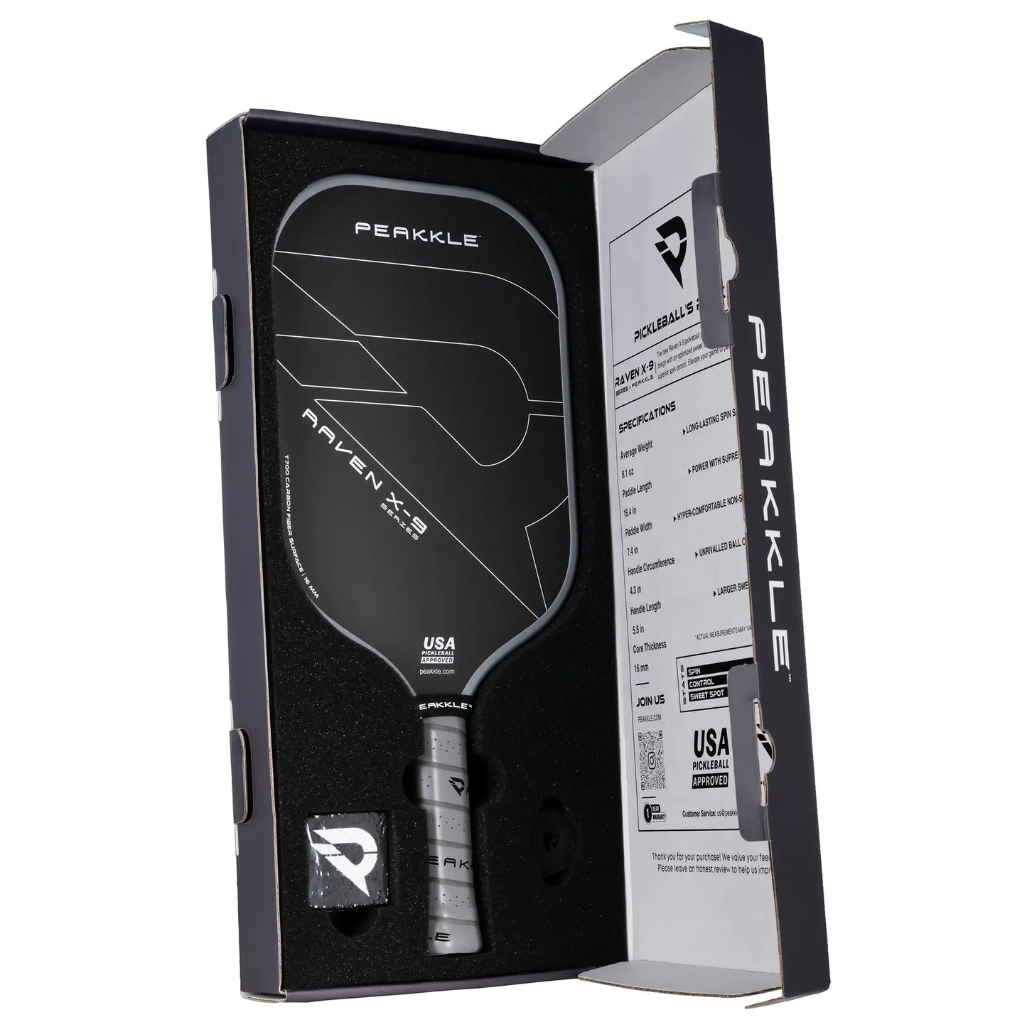 Image of one of the best outdoor pickleball paddles being displayed inside its box on a white background. The box includes an advanced pickleball paddles, a pickleball paddle cleaner and an overgrip.