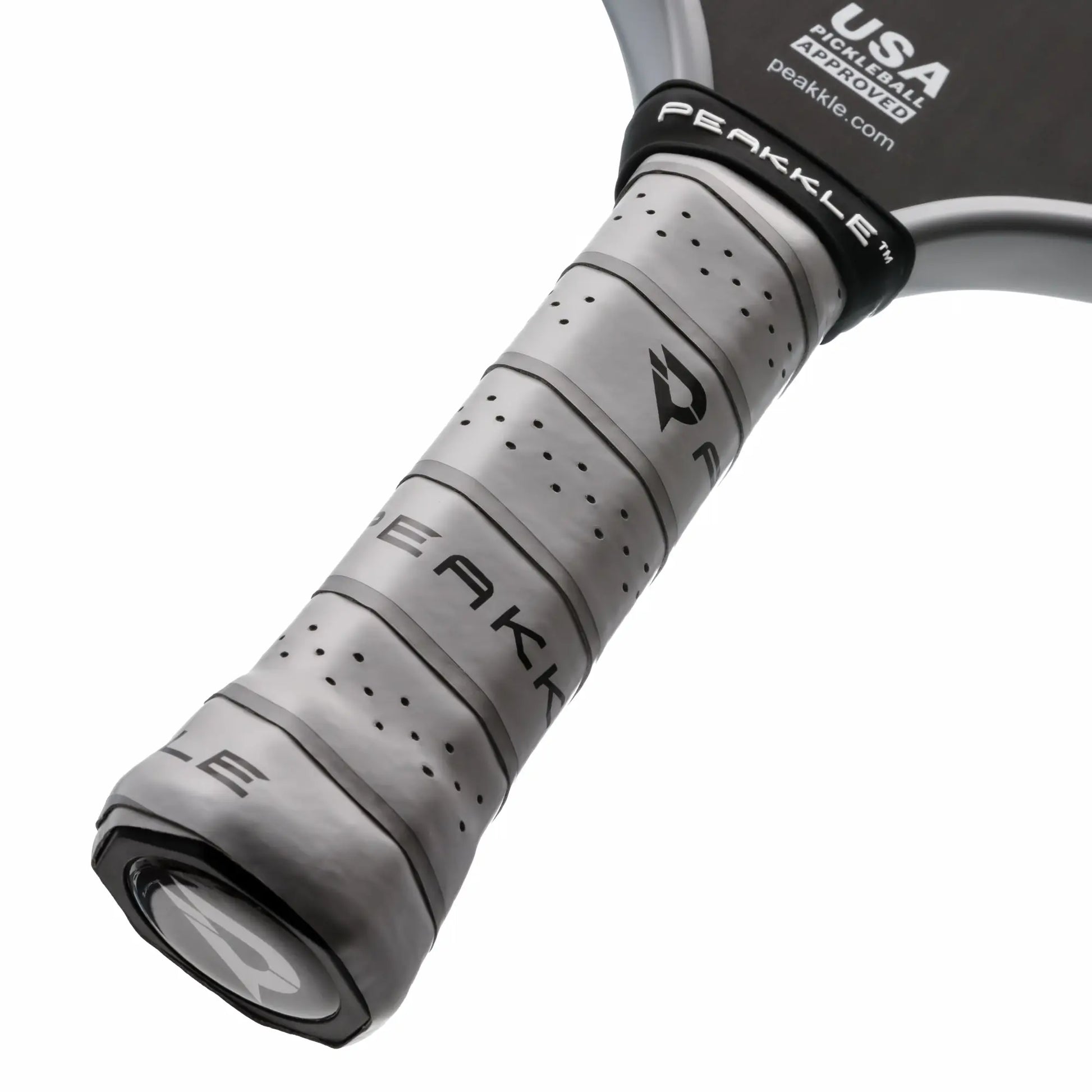Close-up image of the handle of one of the best long handle pickleball paddles with a white background.